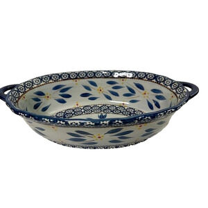 Temptations Old World Blue Handled Oval Casserole Baking Dish Stoneware 2.5 Qt